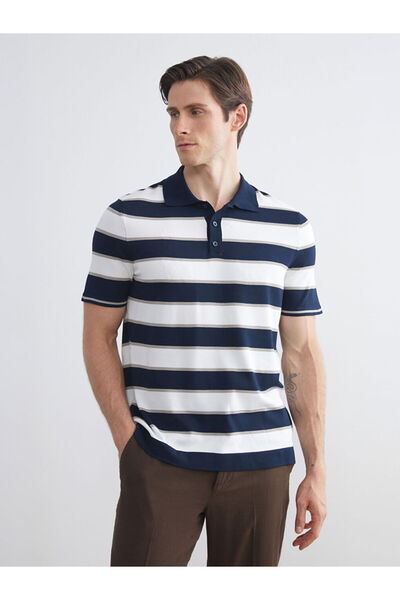 LC Waikiki Navy Blue Polo Collar Short Sleeve Striped Men's Knitwear Sweater