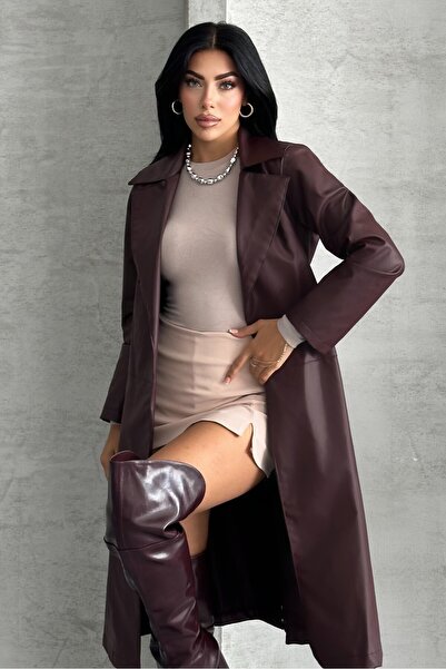 moda armanc Γυναικεία δερμάτινη καμπαρντίνα - Μακρύς Ζώνης Κομψή Εποχιακή