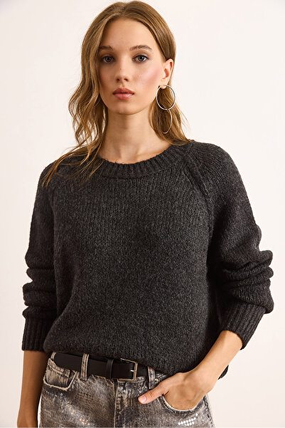 Olalook Pulover de damă, antracit, cu mâneci raglan, cu textura moale, tricotat, crop, KZK-19000984