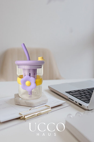 UCCO 500ml Daisy Patterned Glass Detox Thermos Flask with Straw - Water, Soft Drink, Lemonade Glass 607D