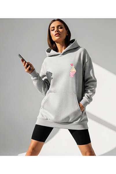 Bheka Concept سويت شيرت نسائي كبير الحجم مطبوع عليه قلب مع غطاء للرأس