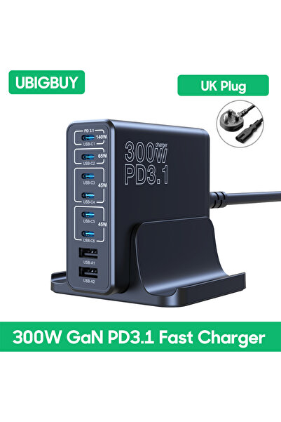 Choice مقبس بريطاني Ubigbuy 300W USB C شاحن سريع متعدد المنافذ GaN 140W PD 3....