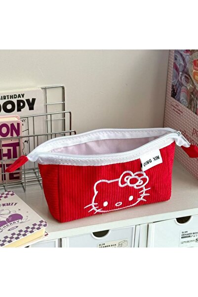 JOY TOP مقلمة هيلو كيتي حمراء من قماش الكوردروي، طبقتان، منظم أدوات مدرسية، س...