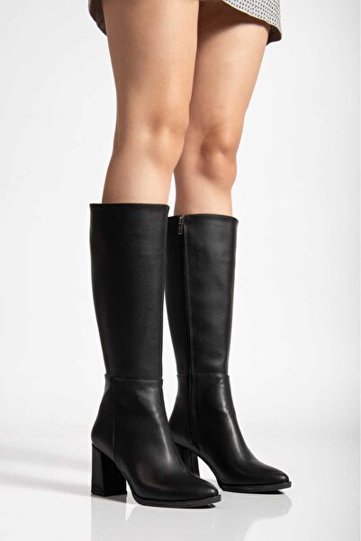 ALFHA Cizme negre cu toc înalt aspect de piele pentru femei
