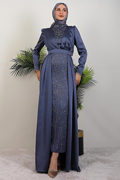 GİYZAMİLA İşlemeli Pelerinli Abiye Gri Mavi