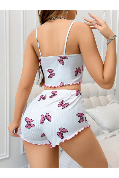 Lily Bianca Tatlı Rüyalar Pijama Takımı: Fiyonk Desenli ve Fırfırlı Şortlu Set