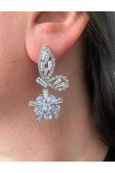 ER TAKI Stylish Party Engagement Henna Wedding Evening Dress Earrings with Stone Silver Color Butterfly and Flower Dangle