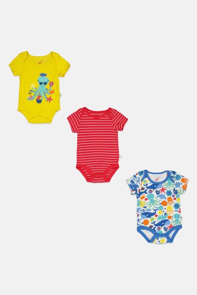 Hamleys بدلة قصيرة الأكمام مطبوعة برسومات لطفل صغير، 3 قطع، متعددة الألوان