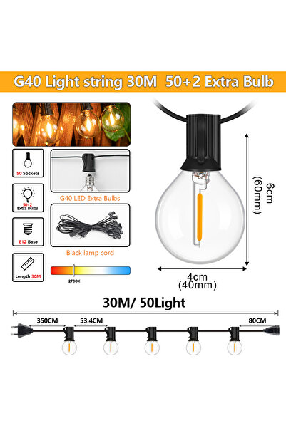 Choice 220V-EU قابس 30M 50 مصباح أضواء سلسلة خارجية 30M G40 LED أضواء الفناء ...