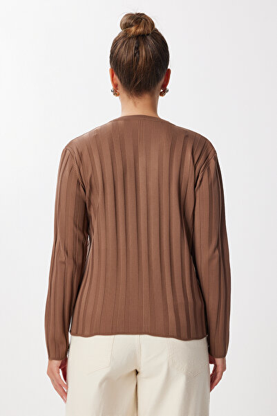 Lovelyİstanbul Zlatý pletený kardigan s knoflíky z merserovaného úpletu LNX0009 KAKAO