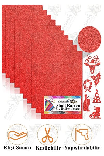 Artlantis Kırmızı Simli Karton A3 30x40 cm 10 lu 1 Paket Simli Fon Kartonu Parıltılı Kağıt Anasınıfı Kreş Etki