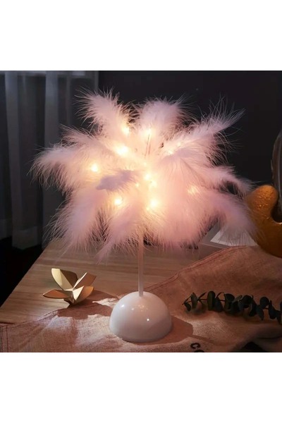 Choice 1 قطعة مصباح طاولة LED بتصميم ريشي باللون الوردي للأطفال - يعمل بالبطا...