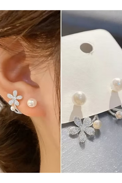 Giden Aksesuar İncili Ve Çiçek Tasarımlı Paslanmaz Çelik Küpe