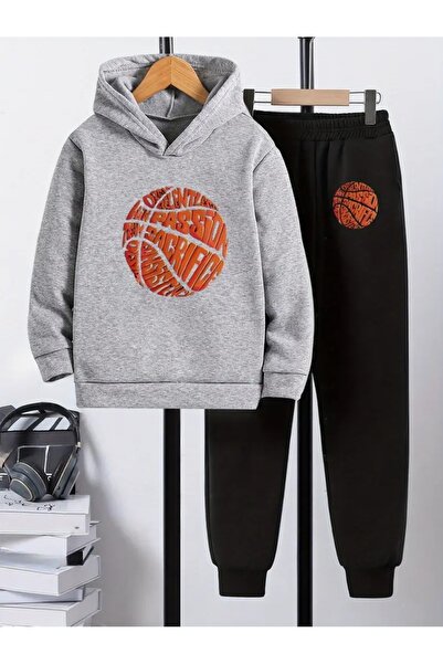 YUNAYT Children's Printed Hooded Sweatshirt and Sweatpants Set 3 Thread Raster for Autumn/Winter