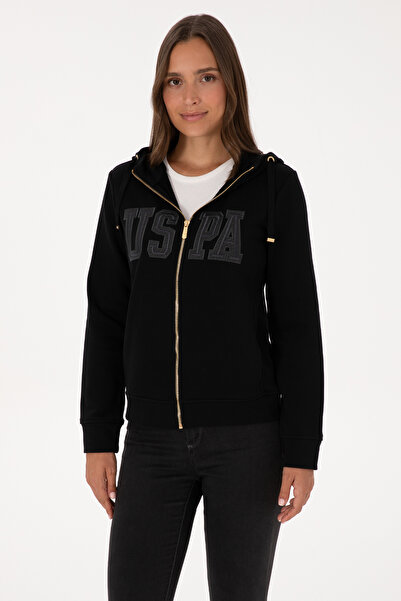 U.S. Polo Assn. سويت شيرت أساسي بقلنسوة وسحاب أسود للنساء 50307769-VR046