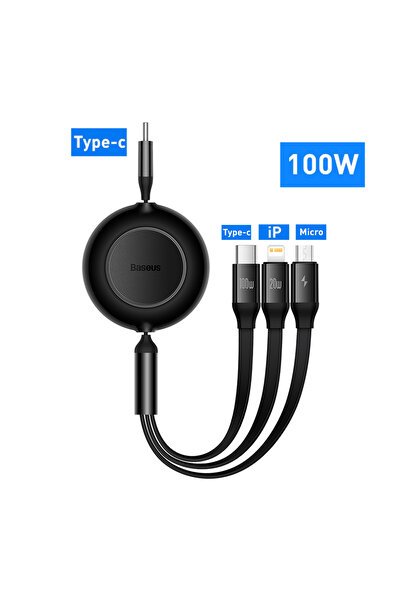 Baseus كابل شحن USB 3 في 1 قابل للسحب 100 واط/66 واط أسود بطول 1.1 متر لأجهزة ماك بوك، كابل USB من النوع C