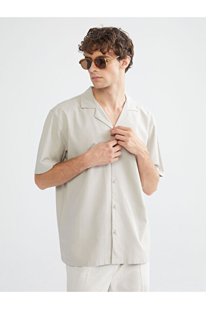 LC Waikiki Cămașă pentru bărbați cu mânecă scurtă, cu guler resort, bej, cu potrivire normală