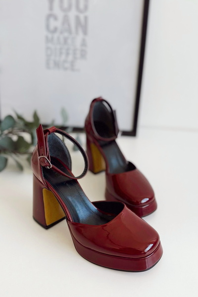 POLKA STORE Women Bride Bridal Wedding Wedding Shoes Burgundy Patent Leather Platform Closed Toe High Heels Shoes