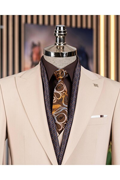 TerziAdemAltun Italian Style Slim Fit Jacket Vest Pantalon Suit Beige T13959