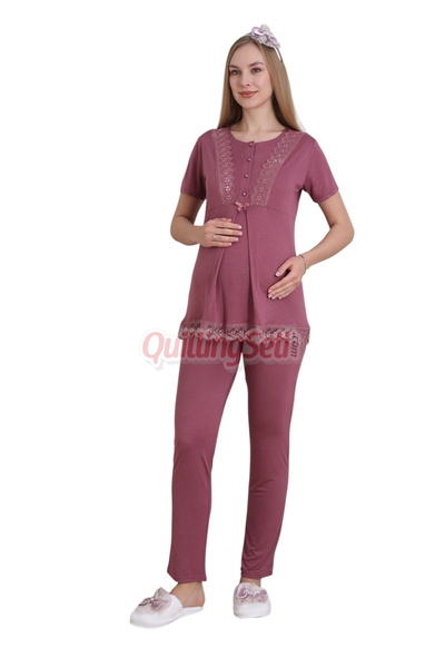quilling 3-Piece Cherry-Colored Maternity - Pregnancy Pajama Set with Robe and Lace Detailing 3430