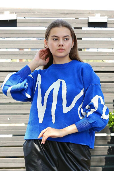 ELNOYA White Striped Crew Neck Sweater Cobalt Blue - Standard