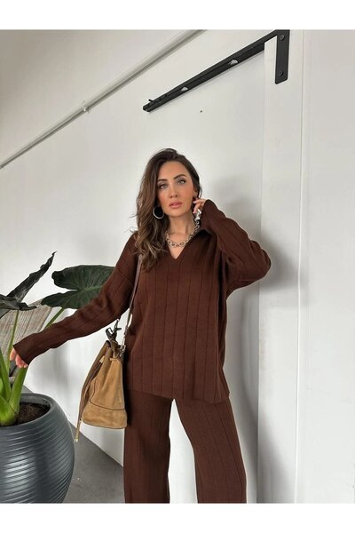 Lovely butik Women's Wide Ribbed Polo Collar Top and Bottom Double Knitwear Set