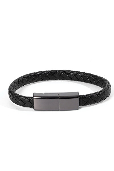 Choice 22.5 سم لشاحن سوار جلدي أسود من النوع C كابل شحن USB أسلاك مضفرة USB م...