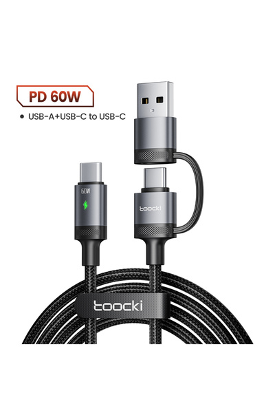 Toocki كابل USB نوع C بطول 1.2 متر، رمادي اللون، بقوة 60 واط، 2 في 1، للشحن ا...