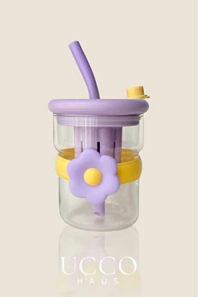 UCCO 500ml Daisy Patterned Glass Detox Thermos Flask with Straw - Water, Soft Drink, Lemonade Glass 607D