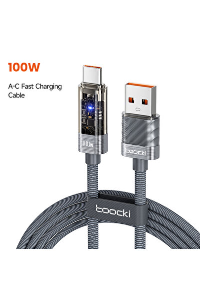 Toocki كابل USB من النوع C رمادي اللون بطول 1 متر، بقوة 100 واط، مزود بمؤشر L...