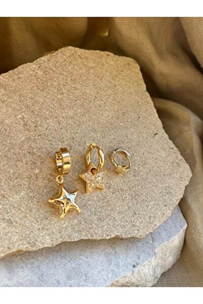 nunu takı أقراط ثلاثية مرصعة بالأحجار الكريمة الذهبية اللون