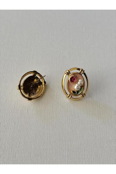 Nilsu Aksesuar Vintage İnci Detaylı Oval Çiçek Kadın Küpe