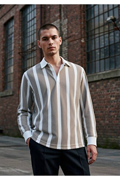 MATTİMODA Jakarlı Polo Yaka Bej Sweatshirt