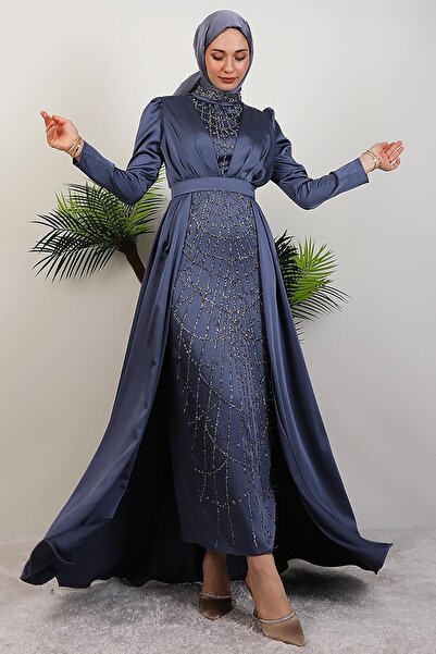 GİYZAMİLA İşlemeli Pelerinli Abiye Gri Mavi