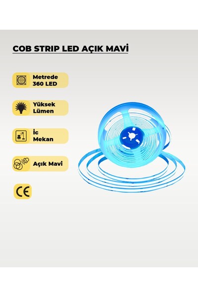AC AYDINLATMA 12V COB Şerit Led Açık Mavi Işık - Metrede 360 Led - 5 Metre