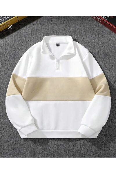 HerTarzınTrendi 3-Thread Color Half-Zip Polo Collar Sweatshirt with Fleece In...