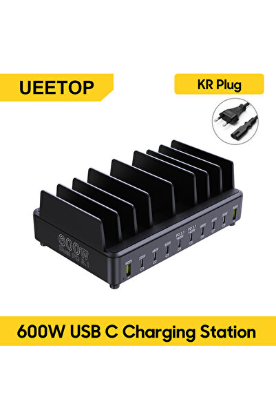 Choice KR Plug Ueetop 600W شاحن سريع متعدد USB 10 منافذ GaN PD 3.1 محطة شحن ح...