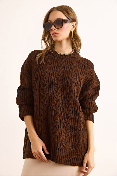 Olalook Дамски кафяв дебел плетен пуловер с плитки KZK-19000986