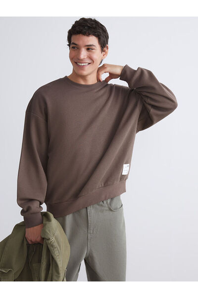 LC Waikiki Brown Crew Neck Embroidered Men's Thick Sweatshirt