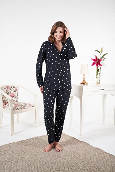 Estiva Women's Winter Front Buttoned Heart Patterned Suede Pajama Set