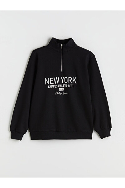 LC Waikiki Hanorac negru oversize pentru femei, cu broderie New York