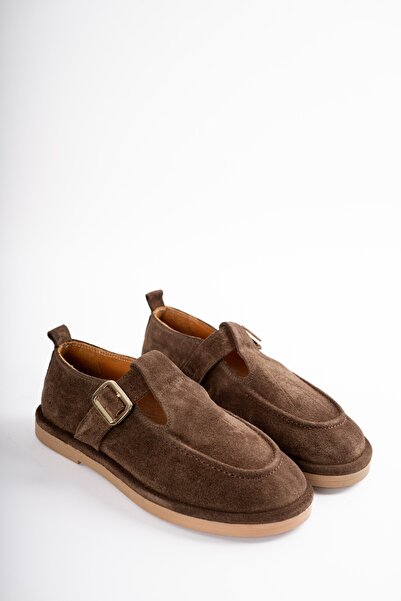 selinshoes Cassiel Дамски мокасини от естествена кожа със златна регулируема катарама - кафе суед