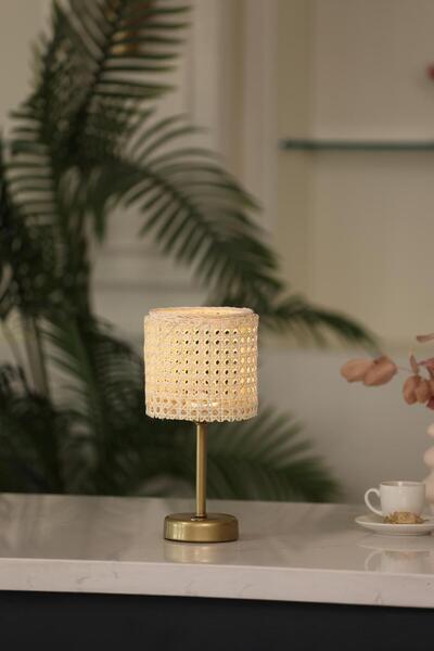 Maison Avf Hazeran & Rattan Masa Üstü Kablosuz Şarjlı Masa Lambası - Alt Uzun Eskitme Gold