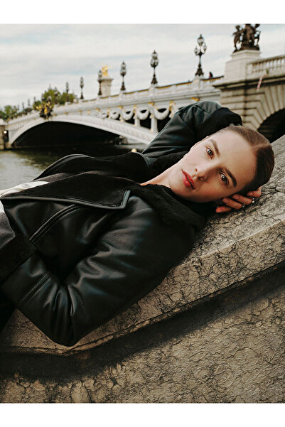 LC Waikiki Palton negru pentru femei cu guler biker simplu aspect de piele