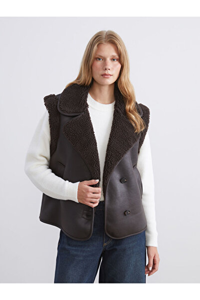 LC Waikiki Kahverengi Biker Yaka Kadın Süet Yelek