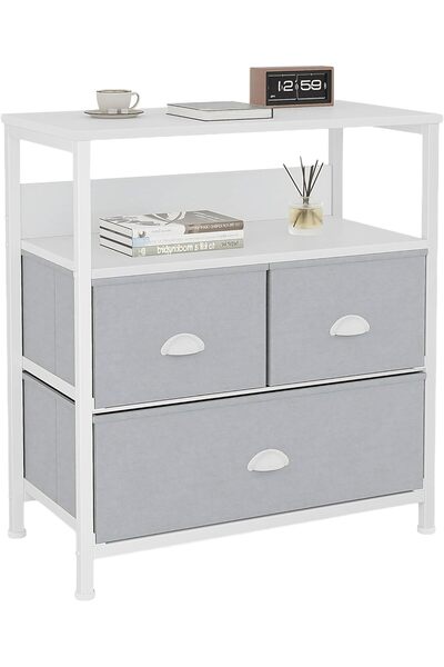 SKY TOUCH SKY-TOUCH 3 Fabric Drawer Nightstand Storage Chest Unit Home Cabinet w/Shelves, White, 58 * 29 * 81.