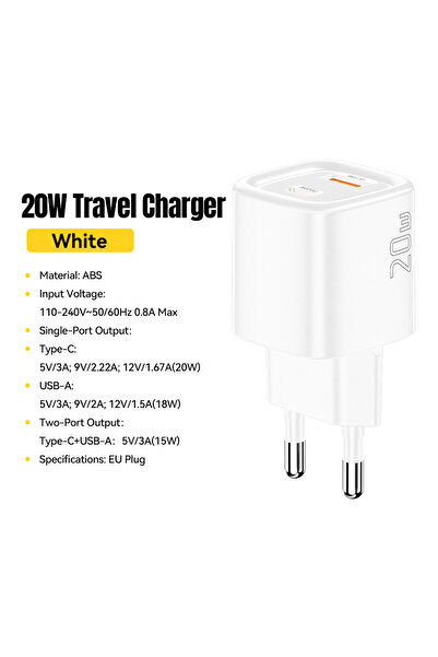essager EU White 20W USB C Charger Portable Type C Charger Support PD Fast Ch...