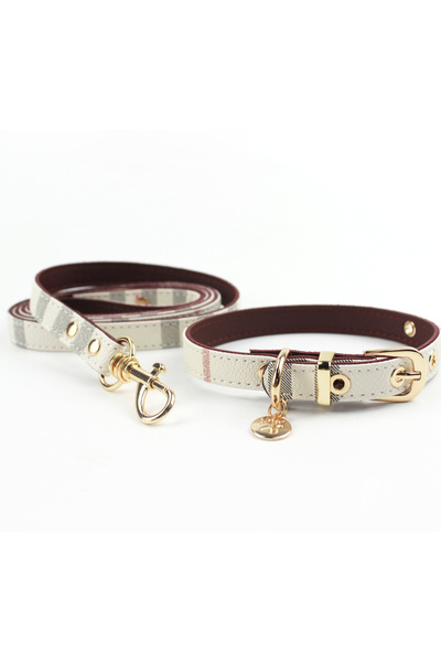 Choice M white plaid Pet Collar and Leash Set Fashion Leather Adjustable Stripe Collar for Dog Pet Supplies