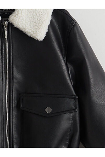 LC Waikiki Siyah Deri Görünümlü Kız Çocuk Mont