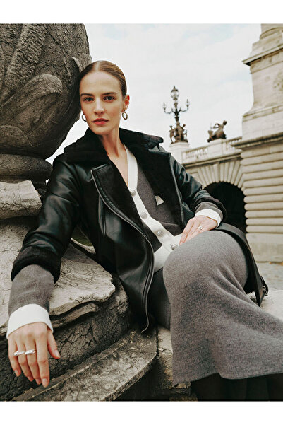 LC Waikiki Palton negru pentru femei cu guler biker simplu aspect de piele